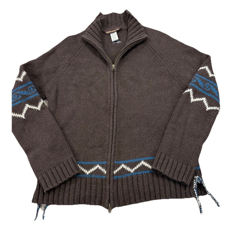 Wool Blend Horny Toad Brown And Blue  White Accent Full Zip Men's Medium Sweater